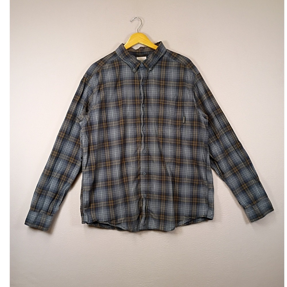 Outdoorsy Columbia Mens Large Blue Brown Plaid Cotton Long Sleeve Button Down